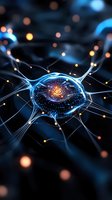 Glowing neural network with blue light effects and orange energy core shows synaptic connections in brain cell structure against dark background.