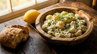 Creamy potato salad with fresh herbs served in rustic wooden bowl alongside crusty bread and lemon on wooden table, perfect for food styling and culinary content.