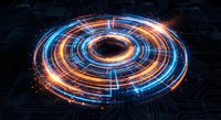 Futuristic holographic circular interface with glowing blue and orange light rings on dark digital grid background for technology and sci-fi projects.