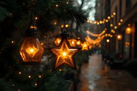 Glowing star and hexagonal Christmas ornaments on evergreen tree with festive bokeh lights creating magical holiday atmosphere on city street at dusk.