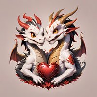 Two adorable white dragon creatures with red horns and golden wings holding decorative heart between them against neutral background. Fantasy romantic concept.