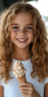 Young girl with curly honey-blonde hair and freckles smiling while holding vanilla ice cream cone in white shirt, capturing genuine joy and childhood happiness.