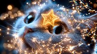 Close up view of cat face with glowing golden star and magical sparkles effect, mystical feline portrait with bright bokeh lights and shimmering elements against dark background.