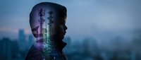 Business professional silhouette with digital circuit overlay against modern city skyline at dusk for technology and innovation concepts.