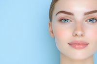 Young Caucasian woman with natural makeup, blue eyes and glowing healthy skin against light blue background. Clean beauty and skincare concept.