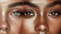 Close-up of diverse female eyes with glowing skin, glitter makeup, and defined eyebrows showing mixed ethnicity beauty in modern cosmetic advertising style.