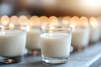 Row of small glass votive candles with white wax and soft glowing flames creating romantic ambiance against blurred warm bokeh background.