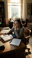 Middle-aged Caucasian woman with glasses working at wooden desk in cozy home office, studying books and documents with natural window light streaming in.