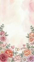 Watercolor floral frame with pink roses, peonies, daisies, and eucalyptus leaves on soft pastel background with hearts and wedding rings for invitations and celebrations.