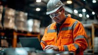 Industrial worker in bright orange safety vest and hard hat using laptop computer in warehouse facility with blurred storage background.
