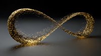 Golden infinity symbol made of sparkling particles on dark background. Endless loop concept for eternity, mathematics, and limitless possibilities in business.