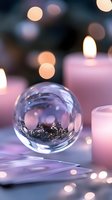 Crystal ball with soft bokeh lights and pink candles creating magical atmosphere. Mystical fortune telling setup with dreamy blurred background and reflective sphere.