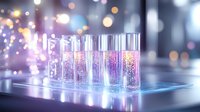 Glowing laboratory test tubes with luminescent liquid on blue surface against blurred bokeh lights background, scientific research concept in modern lab setting.