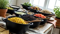 Assorted legumes and grains in black bowls on wooden table near window with potted plants, ready for cooking and meal preparation.