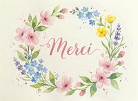 Watercolor floral wreath with Merci text featuring pink blossoms, blue forget-me-nots, yellow flowers and lavender on cream background for greeting cards.