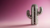 Metallic silver cactus sculpture on pink gradient background for modern home decor and contemporary interior design concepts.