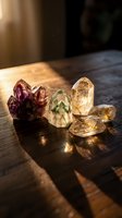 Collection of colorful healing crystals and gemstones arranged on wooden surface with warm natural sunlight creating shadows for meditation and wellness.