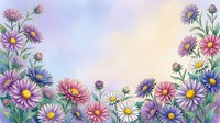 Watercolor aster flowers border frame with purple pink blooms on soft gradient background for greeting cards and floral design projects.
