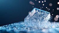 Frozen ice cube with water drops and bokeh effects on dark blue background, macro photography capturing crystalline structure and liquid reflection.