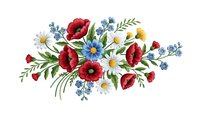 Watercolor wildflower bouquet with red poppies, blue cornflowers, white daisies and green foliage isolated on transparent background for design projects.