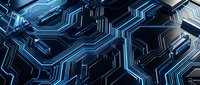 Circuit board pathways with glowing blue neon lines on dark background, representing technology, data flow, and digital connectivity for tech and innovation projects.