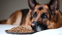 German Shepherd dog with sad eyes lying next to bowl of dry kibble food, close-up portrait showing expressive face and distinctive breed coloring.