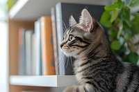 Tabby kitten with striped coat sitting indoors near bookshelf and potted plant, looking alert and curious in home environment.