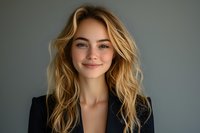 Young Caucasian woman with blonde wavy hair and natural makeup wearing black blazer smiling confidently against gray background, professional headshot style portrait.