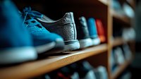 Close-up of athletic sneaker on wooden shelf with blurred footwear collection in background, showcasing retail display and shoe store inventory for commerce and fashion retail purposes.