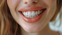 Close up of bright white healthy smile with coral lipstick on young woman lips showing perfect dental care and cosmetic dentistry results against blurred background.