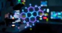 Glowing molecular structure with hexagonal network pattern floating over blurred laboratory background. Scientific research and chemistry concept for presentations.
