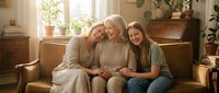 Three generations of women bonding together on cozy living room sofa, grandmother with adult daughter and teenage granddaughter sharing warm family moment at home.