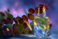 Magical glowing potion in small glass bottle with cork stopper alongside fresh burgundy clover leaves against dreamy purple bokeh background for fantasy concept.