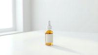 Amber glass dropper bottle with white label on clean white surface in bright natural light for skincare and wellness product mockups.