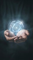 Hands holding glowing digital sphere with futuristic holographic interface and light effects for technology and innovation concepts.