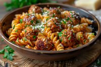 Homemade fusilli pasta with juicy meatballs in rich tomato sauce, garnished with fresh parsley and parmesan cheese, served in rustic ceramic bowl.