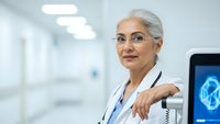 Senior female doctor with gray hair and glasses smiling confidently in modern hospital corridor with medical equipment and bright lighting.