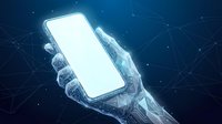 Futuristic transparent hand holding smartphone with blank white screen against blue digital network background with glowing connections and particles.