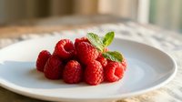 Fresh red raspberries with mint leaves arranged on white plate, ideal for food photography, culinary blogs, healthy eating content, and recipe illustrations.