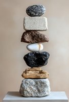Stacked stones and rocks balanced in tower formation against neutral background, representing zen, balance, meditation, and mindfulness concepts for wellness design.