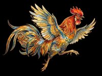 Ornate rooster with golden and orange plumage, decorative feathers, and detailed patterns isolated on transparent background. Ready for t-shirt design, clipart, stickers, and print-on-demand projects.