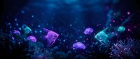 Mystical glowing crystals and gems scattered across dark cosmic background with sparkling particles and magical light effects for fantasy designs.