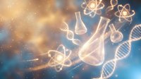 Scientific research concept with laboratory glassware, DNA strands and atomic structures on glowing background for education and biotechnology applications.