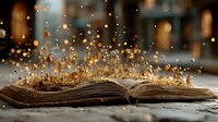 Magical open book with glowing golden particles rising from pages against blurred background, creating mystical atmosphere for fantasy storytelling.
