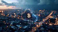 Glowing digital cloud with cryptocurrency symbol floating over blurred night cityscape with bokeh lights and modern architecture. For fintech and blockchain concepts.