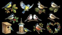 Watercolor illustration of garden birds including blue tits, great tits, nuthatches, and robins with nesting box, bird feeder, holly, pine branches, and floral wreath. Isolated on transparent background, ready for t-shirts, clipart, stickers, and print-on-demand designs.