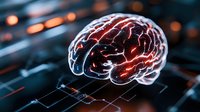 Glowing digital brain visualization on circuit board background with orange light effects, representing artificial intelligence and neural networks in technology.