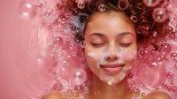 Young woman with curly hair relaxing in pink bath water with soap bubbles, eyes closed with peaceful smile, perfect for spa, wellness, and beauty advertising.