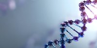 DNA double helix structure in blue and purple tones with soft bokeh background, representing genetic research and biotechnology.