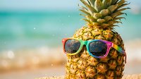 Fresh pineapple wearing colorful sunglasses on tropical beach with turquoise ocean background. Summer vacation concept for travel and holiday designs.